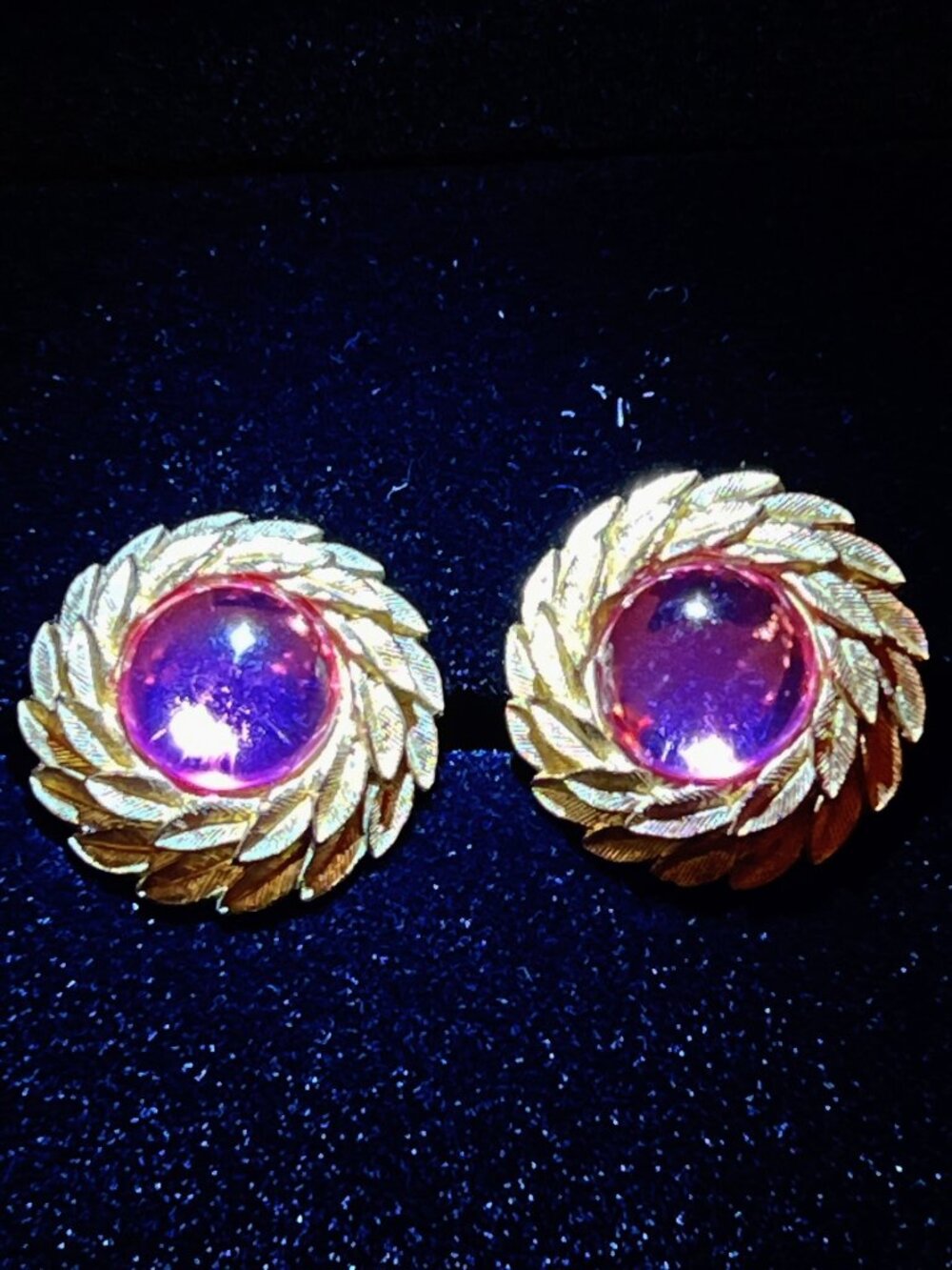 Vintage Gold-Tone Clip-On Trifari Earrings With Pink Glass Circle Cabochons
